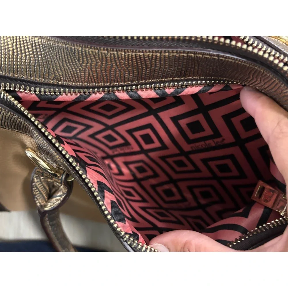 Nicole Lee Beaded Crystal Satchel Bag Metallic Bronze Tan Geometric Boho Handbag